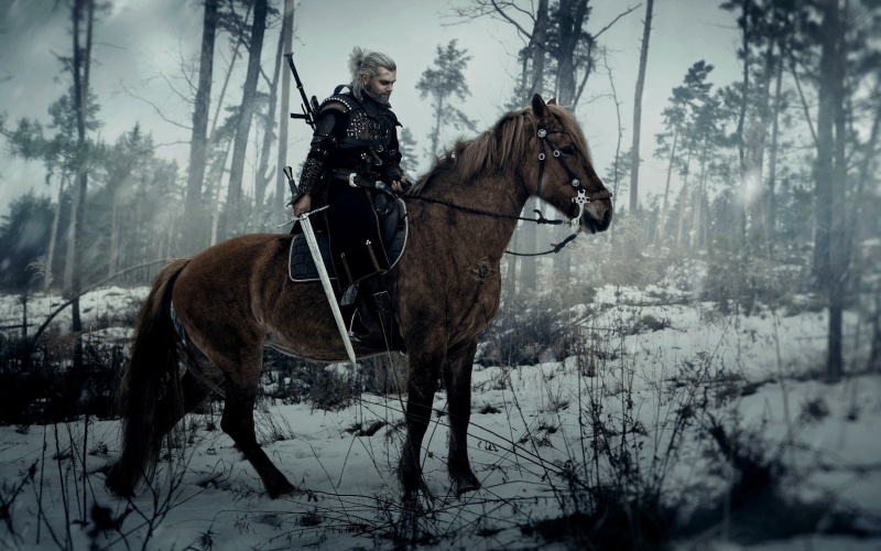 Geralt of Rivia, one person, snow, The Witcher 3: Wild Hunt, artwork, winter, land, horse, riding, domestic, tree, The Witcher, plant, outdoors, cold temperature