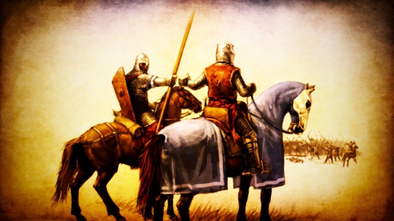 mammal, fantasy art, two animals, activity, warrior, domestic, horseback riding, 1080P, real people, group of people, pets, spear, people, medieval, men
