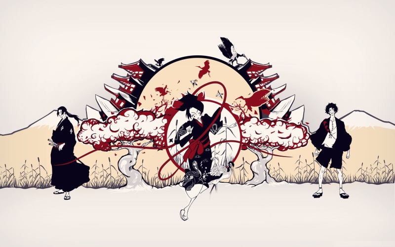 men, standing, women, adult, three, sky, lifestyles, real people, 2K, art and craft, two people, clear sky, walking, creativity, leisure activity, Samurai Champloo