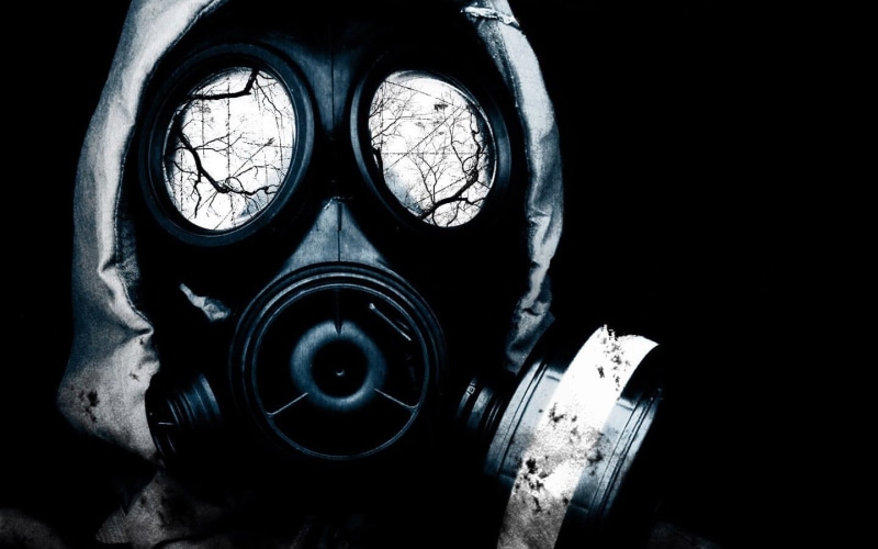 indoors, 720P, gas masks, black background, lighting equipment, shape, gas, history, electricity, old, mask, technology, no people, black, studio shot