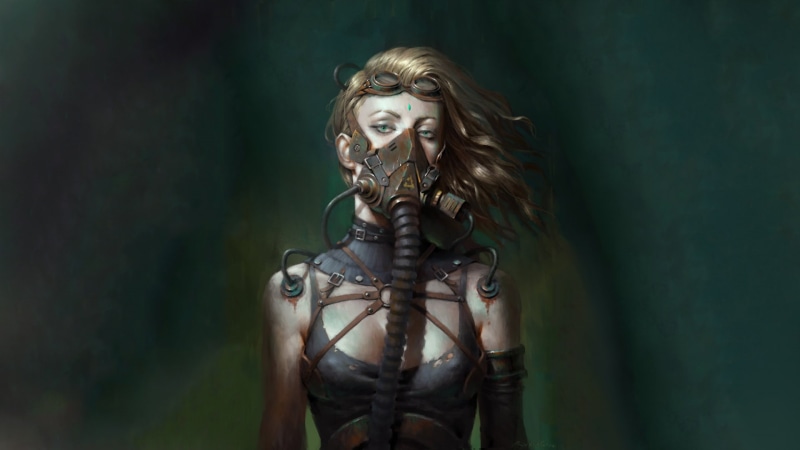 x, blonde, breaking, gas masks, abstract, art, tubes, bad, 1080P, science fiction, gas, fiction, masks, 1920x1080 px, Cleavage, cyberpunk, px, science