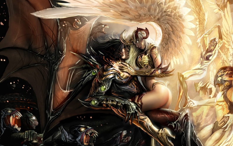 1080P, angel, Witchblade, fantasy art, artwork, girl, warriors, fantasy, Michael Turner, evil, Darkness, battle, Angels, digital art, artist, Light, good