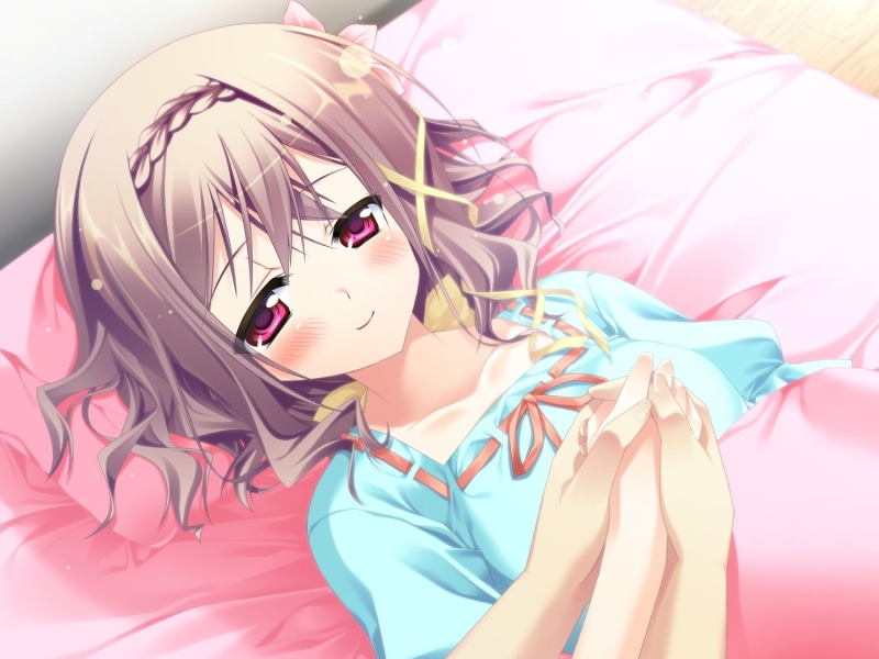 young adult, real people, hairstyle, young women, looking at camera, game cg, 720P, illustration, portrait, pink color, character, bedding, lifestyles