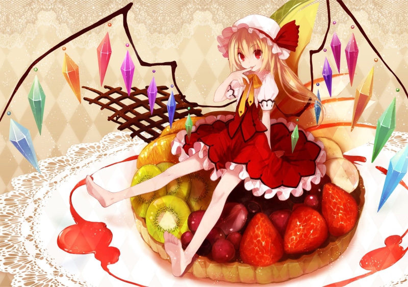 food, touhou, dress, barefoot, wings, hair, eyes, 1080P, colorcube, red, blonde, flandre, koto, scarlet