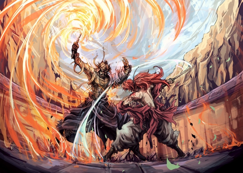 anime, fighting, Rurouni Kennshin, warrior, Shishio Makoto, 720P, redhead, manga, Himura Kenshin, rounin, fire, fantasy art, samurai, Rurouni Kenshin