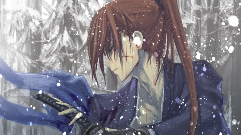 long, weapon, kawanakajima, rurouni, kenshin, japanese, himura, clothes, 720P, katana, brown, snow, sword, ponytail, blood, scar, hair
