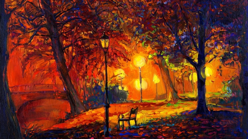 lamp, painting, artwork, bench, modern impressionism, digital art, park, nature, trees, leaves, 1080P, fall