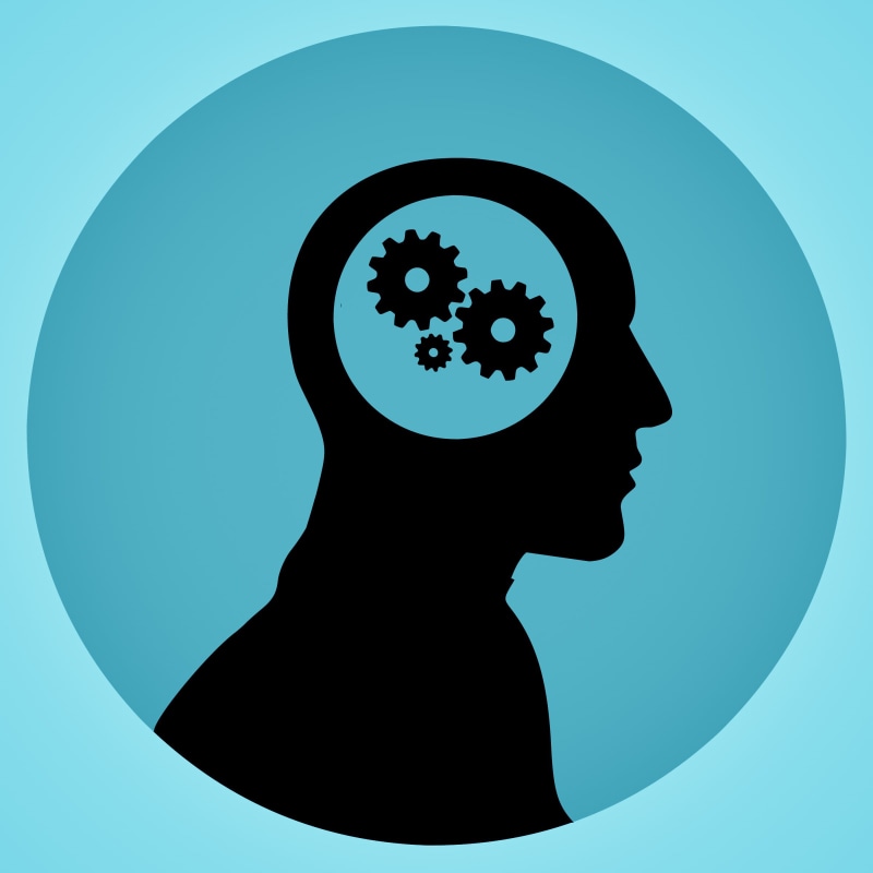 illustration, creativity, unrecognizable person, white, brain, close-up, face, conceptual, silhouette, gear, blue background, mind, gears, thought, one person