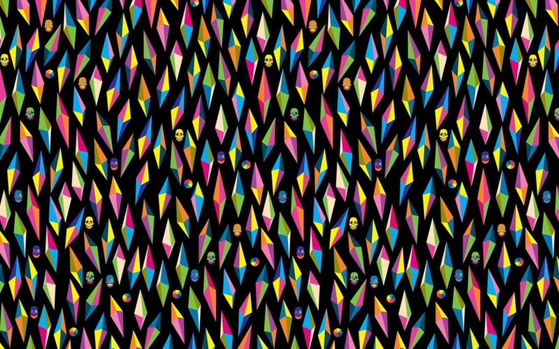skull, circle, geometry, decoration, colorful, variation, ribbon, digital art, large group of objects, black background, abstract, hanging, pattern, 3D