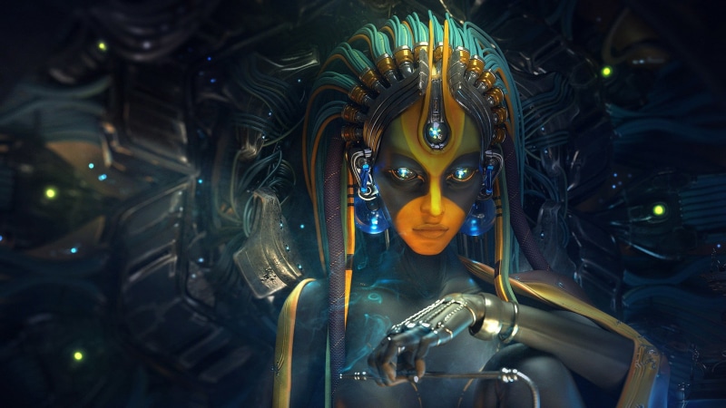 hands, close-up, futuristic, selective focus, gold colored, art and craft, statue, digital art, religion, character, no people, representation