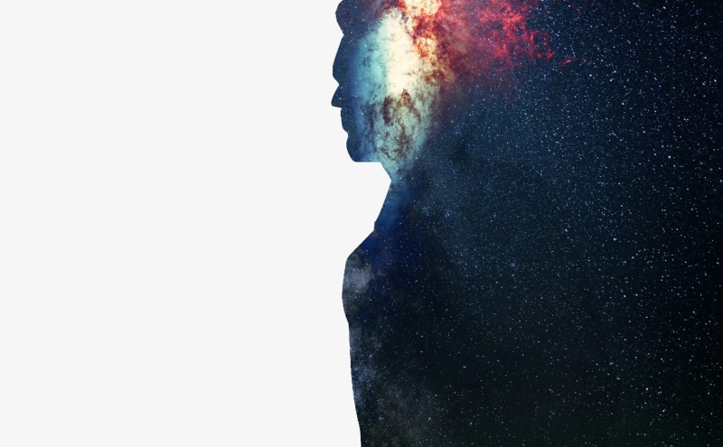 headshot, education, copy space, white background, physics, human, double, digital composite, man, studio shot, brain, nature, standing, sky, young adult