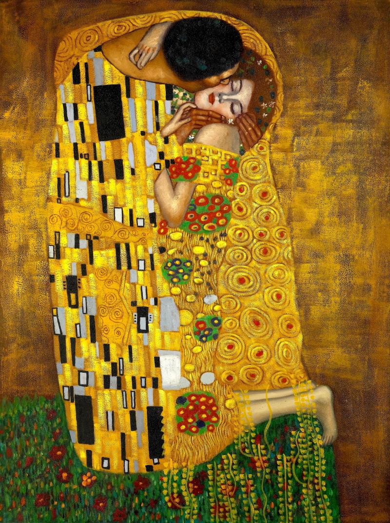 Gustav Klimt, leisure activity, painting, one person, portrait, woman, indoors, holding, Gustav Klimt The Kiss, art and craft, real people, multi colored