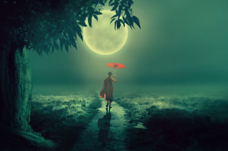 monk, 5K, umbrella, moon, child, fog, buddhism, boy