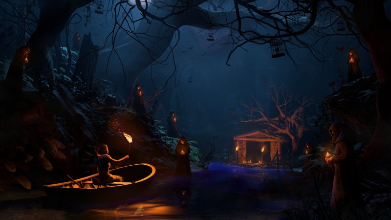digital, wood, digital art, hoods, dark, candles, torchlight, people, landscape, monks, 3D, river, trees, boat, 2K, environment, fictional, water, fantasy art