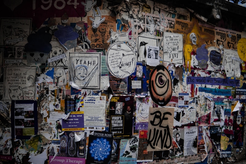 mural, art, label, art and craft, poster, multi colored, paper, architecture, sign, flyer, indoors, messy, representation, tower, graffiti, collage, text