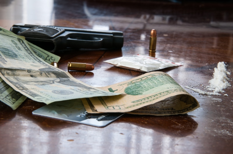 protection, currency, criminal, semi, bills, closeup, gun, drugs, dealer, surface, still life, forbidden, s, paper, death, black, money, table, corporate business