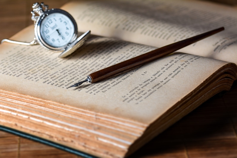 still life, silver, gray, pocket watch, watch, writing instrument, pocket, classical style, top, indoors, book, publication, pen, 4K, colored, fountain pen