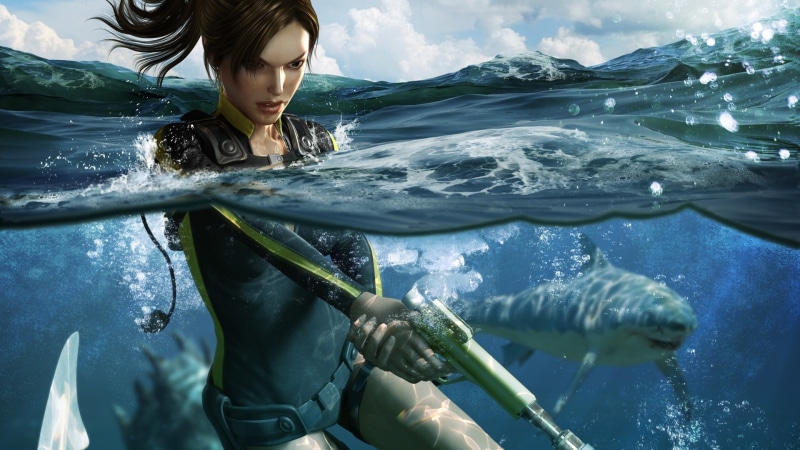 sea, lifestyles, immerse, undersea, animal wildlife, outdoors, young adult, Tomb Raider: Underworld, illustration, half, Lara Croft, 1080P, sea life, young women
