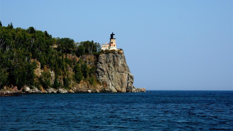nature and landscapes, cliff, split, minnesota, lighthouse, trees, 1080P, lake, rock