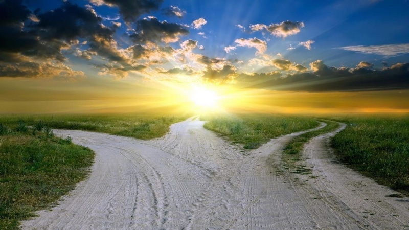 clouds, 1080P, cross, illustration, prairie, fork, roads, split, nature and landscapes, road, sunset
