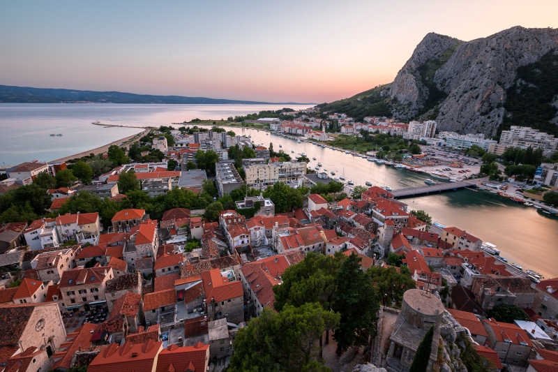 residential district, scenics - nature, cityscape, Croatia, Cetina River, beauty in nature, 1080P, outdoors, mountains, building exterior, land, sunset