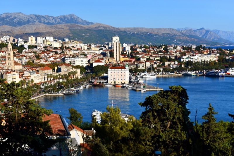 panorama, vacation, mountain, water, outdoors, sky, croatia, cityscape, no people, high angle view, city, building, dalmatia, coast, port, building exterior