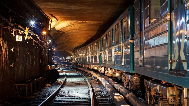 no people, Moscow, subway, rail transportation, lighting equipment, illuminated, diminishing perspective, Russia, train - vehicle, track, railroad track