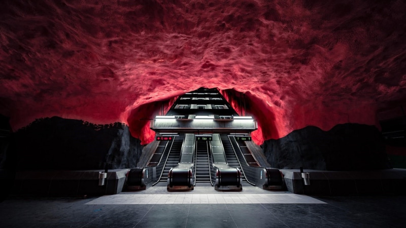 outdoors, red, underground, front view, tube, metro, solna, the way forward, travel, sky, illuminated, transportation, built structure, nature, futuristic