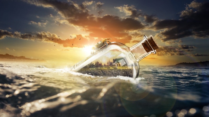 digital composite, architecture, sky, sunlight, sinking, no people, ocean, outdoors, wave, 4K, fantasy, scenics - nature, birds, lens flare, ship, landscape