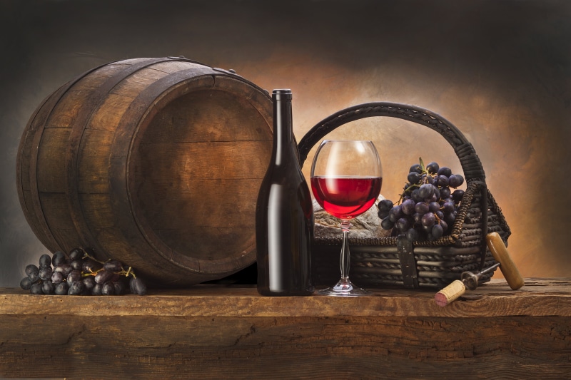 cylinder, basket, luxury, alcohol, wood - material, wine bottle, wine, clear, winetasting, glass, 5K, wine cask, wine cellar, drinking, refreshment, container