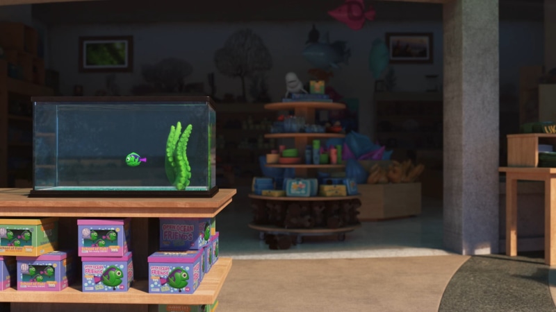 store, representation, shelf, for sale, retail, animated movies, multi colored, art and craft, chair, Finding Dory, seat, frame, furniture, table, Pixar Animation Studios
