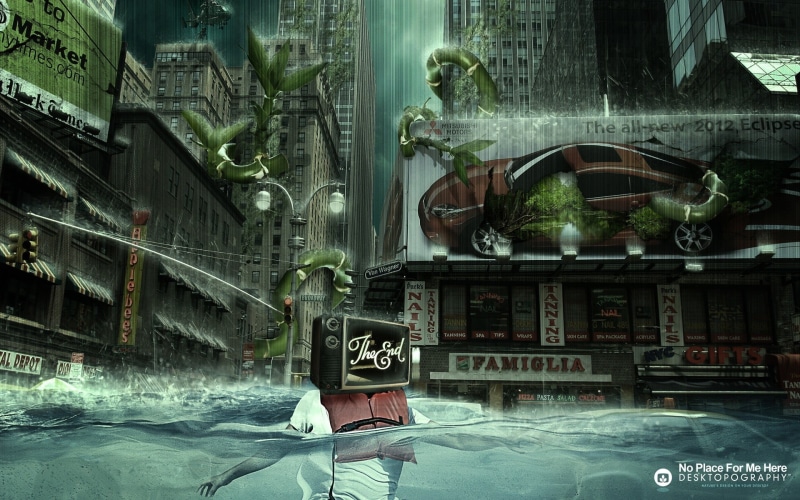 water, sign, canal, waterfront, script, text, built structure, swimming, city, robot, split view, outdoors, television sets, 1080P, rain, building exterior