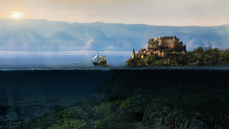 castle, 1080P, split view, fantasy art, underwater, sailing ship, sunken cities