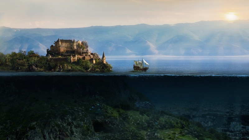 1080P, fantasy Art, Sunken Cities, Sailing Ship, underwater, split view