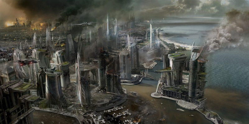 destruction, smoke, the city, Concept Art, 1080P, Mercenary, buildings, fire, building, skyscrapers, sea, view, ship, Killzone, illustration