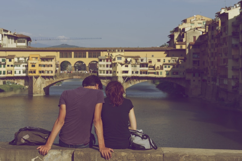 casual clothing, tuscany, ponte Vecchio, person, built structure, togetherness, adult, looking, body, outdoors, connection, females, rear view, man and woman