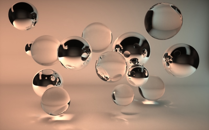indoors, 2K, reflection, no people, CGI, digital art, ball, nature, lighting equipment, lot, large group of objects, purity, water, focus on foreground