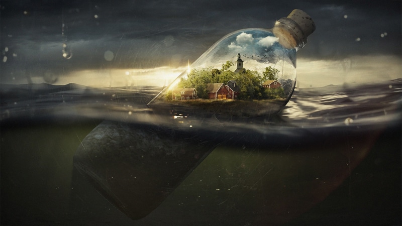 photo manipulation, bottles, abstract, water, split view, village, water drops, sea, sea village, digital art, 1080P