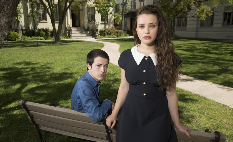 Katherine Langford, women, 13 Reasons Why, man, 2K, dress, Clay Jensen, white, wearing, Dylan Minnette, collared, blue, sitting, bench, standing, Hannah Baker