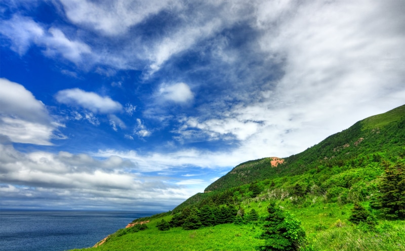 scenery, white, clouds, sky, coast, grass, day, wide  angle, overcast, outdoors, image, green Color, photograph, colorful, cloud, nature, blue, black  blue
