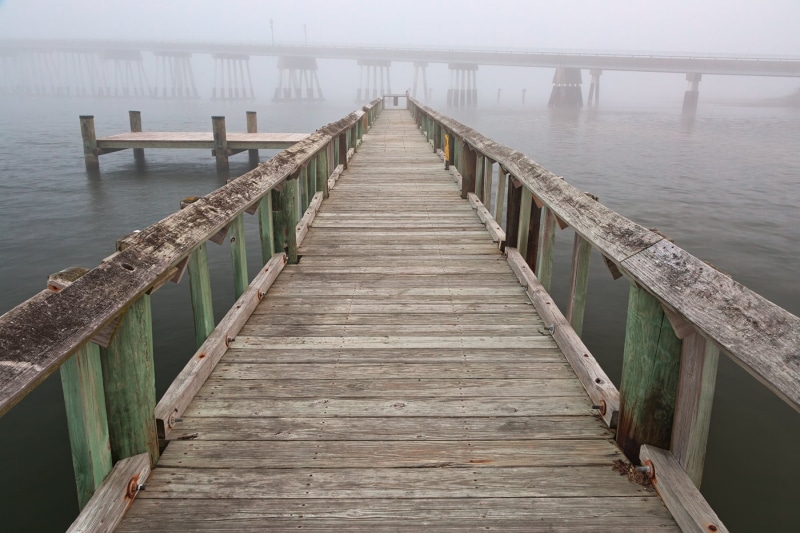 green, board, architecture, scenery, summer, scenic, shoreline, beautiful, symmetrical, haze, railing, yellow, tourism, outdoors, wide angle, passageway