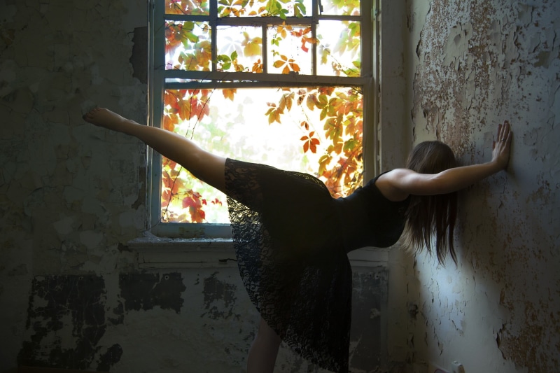 dark, 2K, dress, real people, arms raised, built structure, childhood, child, day, women, s, abandoned, nature, leaves, casual clothing, one Person, architecture