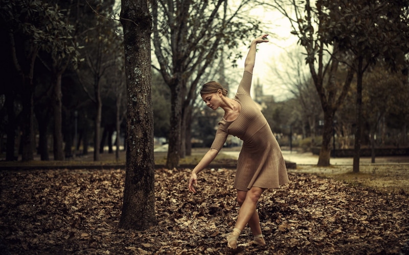 ground, real people, dress, ballerina, tree trunk, nature, dried, leaves, outdoors, land, child, tree, wearing, plant, dancing, standing, 1080P, full length