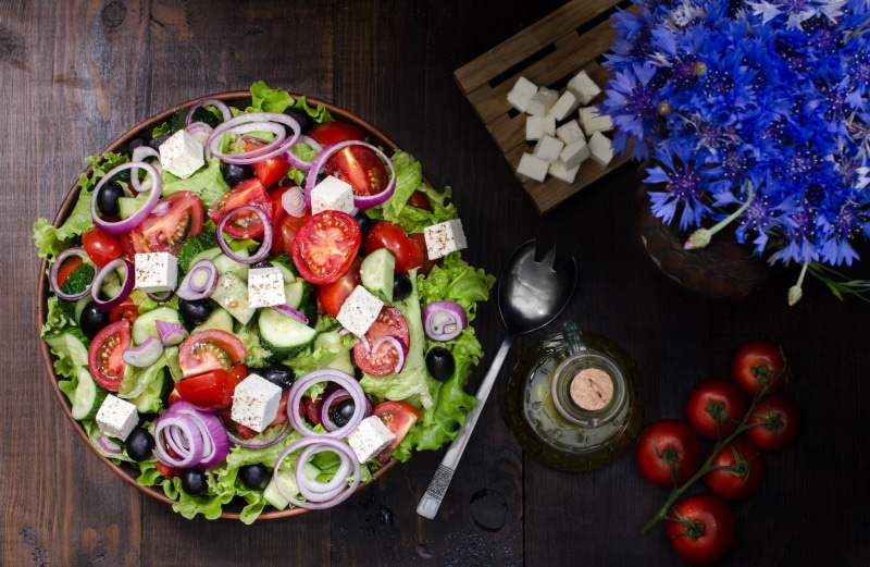 food, vegetable, dairy product, fruit, wellbeing, table, flower, chopped, healthy eating, indoors, tomato, wood - material, 1080P, greek food, vegetables