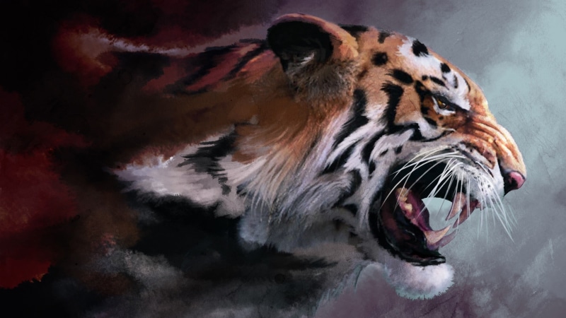 no people, painting, tiger, mammal, animal tongue, animal themes, feline, mouth, anger, artwork, animal head, cat, close-up, roaring, facial expression