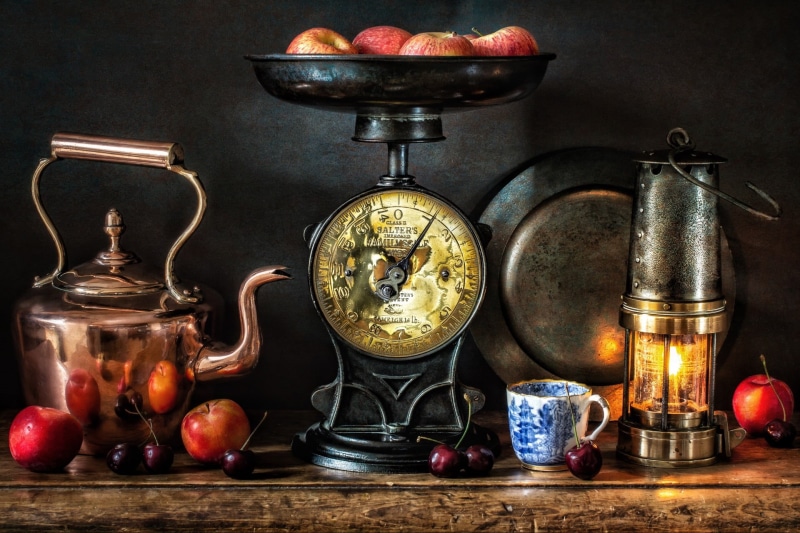 cup, fruit, choice, food and drink, black background, 1080P, burning, table, jar, fire, no people, wellbeing, apples, variation, flame, antique, still life