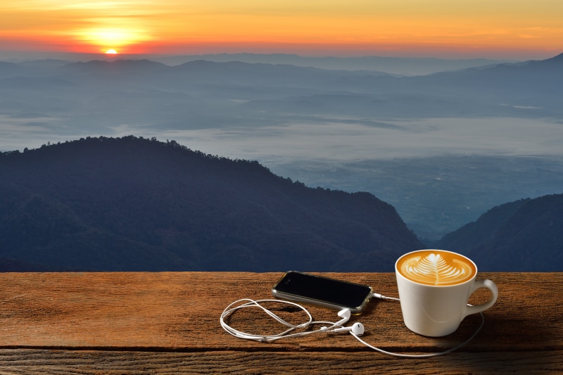 ceramic, good morning, 5K, hot, coffee - drink, non-urban scene, table, crockery, outdoors, Cup, white, food and drink, coffee, smartphone, mug, sunset