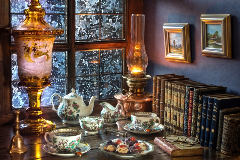 4K, book, cup, window, kerosene, photo, still-life, lamp, tea, glasses