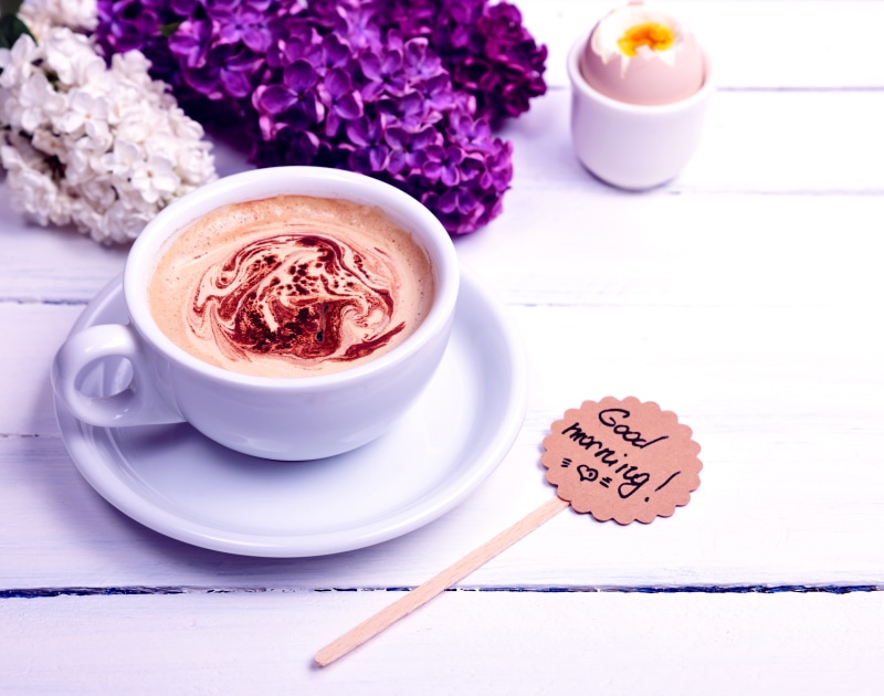 5K, coffee, morning, lilac, Cup, Good Morning, flowers