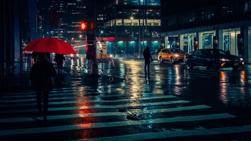transportation, walking, red, built structure, automobile, street, umbrella, carrying, illuminated, water, downtown, urban, metropolis, city, city life